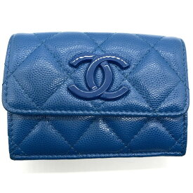 シャネル マトラッセ 三つ折り財布 ダブルホック キャビアスキン 30番台 ブルー系 CHANEL Aランク 中古
