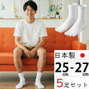靴下 メンズ 5本指ソックス ホワイト 綿100% 白 5足組 セット まとめ買い 送料無料 日本製 5本指ソックス かかとなし クルー丈 紳士靴下 (00909)