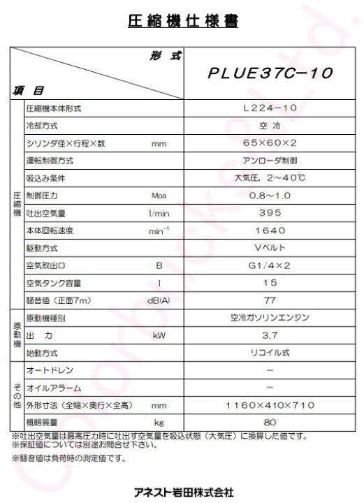 楽天市場】【PLUE37C-10】(旧 PLUE37B-10) アネスト岩田 オイル式 