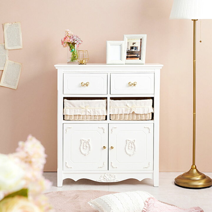 楽天市場】キャビネット バスケット付 姫系 白家具 リボン引手 幅78cm 