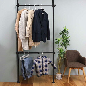 ハンガーラック 突っ張り 2段 マットブラック 幅56〜95cm 高さ200〜275cm ( つっぱり ラック スリム 突っ張りハンガーラック 伸縮式 壁面収納 突っ張りラック 天井突っ張り 突っ張り式 衣類収納