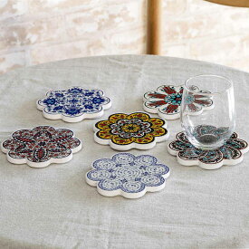 コースター 11cm IZNIK タイルコースター 陶器 （ トルコ陶器 トルコ イズニック製 イズニク タイル 茶托 トルコ雑貨 トルコタイル キッチン雑貨 キッチン用品 花形 花柄 エスニック 花瓶敷き アクセサリー クッション付き ）【3980円以上送料無料】
