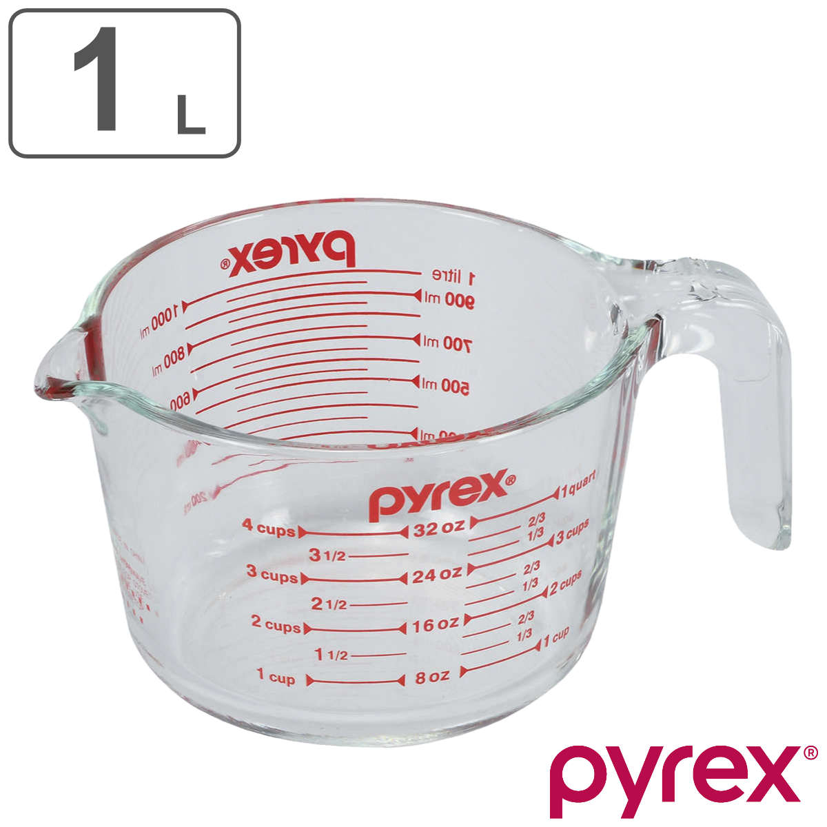 PYREX 計量カップ 1L 耐熱ガラス 取っ手付き メジャーカップ （ パイレックス 耐熱 ガラス リットル 計量 カップ 目盛 食洗機 電子レンジ オーブン 対応 冷凍 冷蔵 保存 オーブン対応 強化ガラス 目盛り付き 調理 衛生的 ）