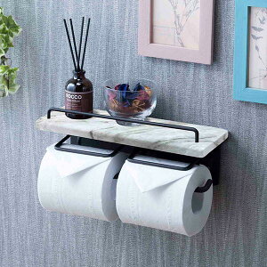 トイレットペーパーホルダー 棚付 大理石調 2連タイプ 幅27.5cm ( ペーパーホルダー トイレットペーパー ダブル 2連 棚 棚付き 小物置き トイレ ペーパー収納 ホルダー ペーパー押さえ 落下防