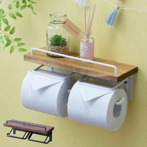 トイレットペーパーホルダー 棚付 天然木 ダブルタイプ 幅27.5cm ダークブラウン ( ペーパーホルダー トイレットペーパー ダブル 2連 棚 棚付き 小物置き トイレ ペーパー収納 ホルダー ペー
