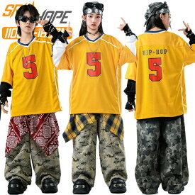 キッズ ダンス衣装 セットアップ 女の子 男の子 黄色 半袖 tシャツ 通気性 ダンスウェア ゆったり トップス 迷彩柄 カーゴパンツ サルエルパンツ ジャズダンス ヒップホップ 韓国 k-pop 発表会 演出服 団体服 練習着 ストリート系 原宿系 ダンス衣装 上下セット ファション