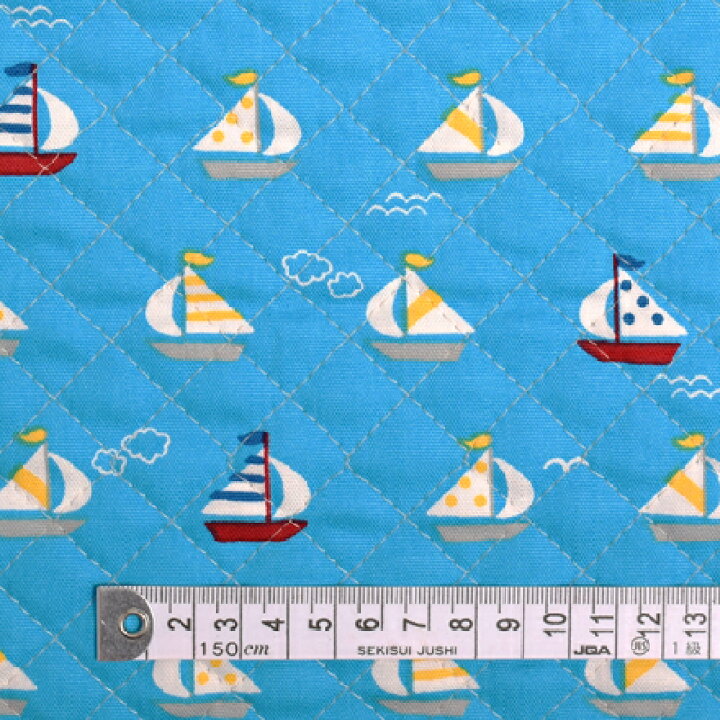楽天市場 商用利用可 生地 キルティング 生地 男の子 スカイ 男の子 おしゃれヨットでバカンスの旅 スカイブルー キルティング生地 Colorful Textile Market