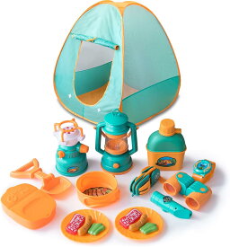 キャンプごっこ 19点セット おもちゃ ままごと 折りたたみテント メッシュ素材 光るランタン＆バーナー キッズテント キャンプセット