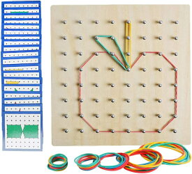 木製 ジオボード マニピュラティブマテリアル アレイブロック ジオボード グラフィカル教育玩具 パターンフラッシュカードとラテックスバンド形状 STEMパズル マトリックス 頭の体操 ジオボード 子供用