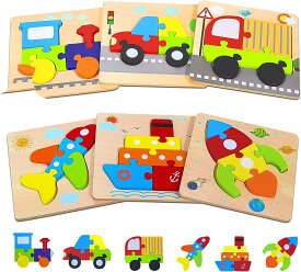 モンテッソーリ木製パズル 教育おもちゃ 幼児用木製ジグソーパズル 6歳 色の形認知スキル学習玩具 交通機関パズル 6個
