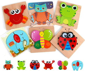 6個 木製パズル モンテッソーリ教育おもちゃ 幼児用木製ジグソーパズル6歳、色の形認知スキル学習玩具、6種類のかわいい動物パズル