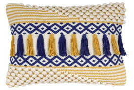 Woven Virtues ボヘミアン装飾クッションカバー - 2枚セット、手織り、豪華、ファッショナブル、オーガニック、心地よい感触、30 x 45 cm、イエロー、ブルー、ホワイト