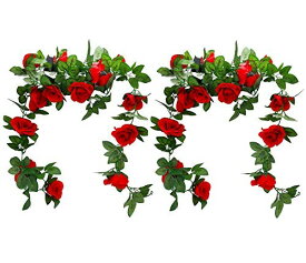 OKUSU-JP バラ ガーランド 2本入 薔薇 ローズ 枯れない花 32輪花 造花の藤 植物 壁掛け造花 シルクフラワー 手作り花輪 花園装飾 インテリア 結婚式 パーティー飾り 440cm