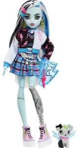 Monster High Poup?e Frankie Stein Avec Accessoires Et Animal De Compagnie, Poup?e Mode Articul?e, Cheveux M?ch?s Noirs Et Bleus, Jouet Enfant, D?s 3 Ans, HHK53