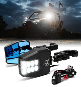Xprite UTV Side View Mirrors Aluminium w/LED Spot Light Smoke Lens Compatible with 1.75"-2" Roll Cage Bar for Pioneer Polaris RZR, Side by Side, Can Am X3, Kawasaki Teryx Mule, Yamaha Rhino Wolverine