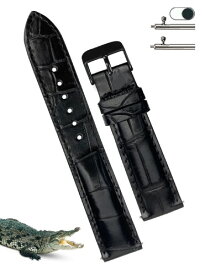 (vinacreations) 20mm ブラック クロコダイル革腕時計ベルト クイックリリースバネ棒 ワニ革交換用時計バンド 腕首 ブラックバックル付き 手作り メンズ ハンドメイド DH-01B-20MM