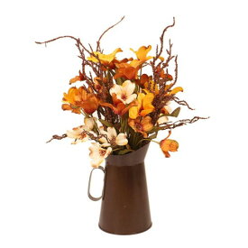 ヴィンテージメタルピッチャー付き秋の造花、フェイク秋の花ブーケ、花瓶アレンジメントのオレンジシルクフラワー、装飾用秋フラワーアレンジメント、結婚式パーティーホーム装飾
