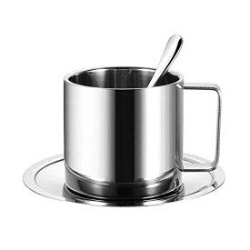 304ステンレス鋼のコーヒーカップ ミルクティーカップ ウォーターカップ 二重絶縁 スプーンとソーサーがセットになったスリーピース コーヒー機器200ml