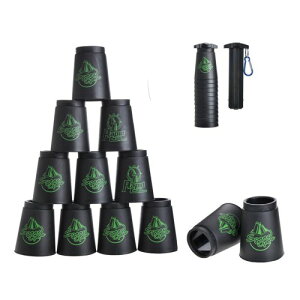 DEWEL スタッキングカップ スタッキングカップ スピードカップス 競技用 飛重ねカップ プラスチック製 厚め 12個セット 手提げ棒付き 収納袋付き (ブラック)