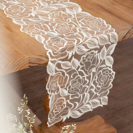 ARTABLEレーステーブルランナー長方形レトロ刺繍ローズパターン装飾ダイニングテーブルウェディングホームキッチンガーデン (32 X 120 CM, 白-2)