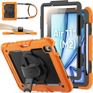 SEYMAC stock 2025年/2024年 11インチiPad Air(M3/M2)耐衝撃ケース 保護フィルム付き ペン収納 360°回転スタンド ハンドストラップ ショルダーストラップ 全面保護カバー iPad Air 11 2025/2024専用型(オ