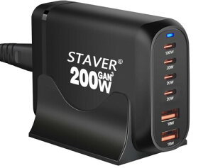 200W �[�d�� PD3.0�Ή� 6�|�[�g4 USB-C��2 USB-A GaNFastIII(�����K���E��) �P��|�[�g100W�펞�Ή� �����m�[�gPC�ɋ}���[�d�Ή� MacBook Pro PD�Ή�Windows PC/iPad/iPhone/Android/���̑� (�u���b�N)
