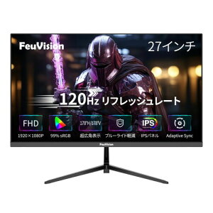 FeuVision モニター 27インチ pc モニター 120Hz フルHD 1080p ディスプレイ 3辺超狭額&超薄型 IPSパネル 非光沢 ブルーライト軽減 角度調節 sRGB 99% Adaptive Sync対応 VESA HDMI&VGAポート (PS5で60Hz)