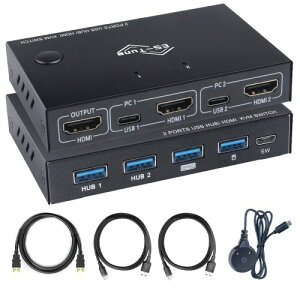 ES-Tune HDMI KVM�ؑ֊� 2����1�o�� USB2.0��Type-C�[�q�Ή� 4K@60Hz �蓮/�L�������[�g�ؑ� �d���s�v HDMI USB�P�[�u���t�� ���{��戵�������t�� Mac/Windows/Linux�Ή�