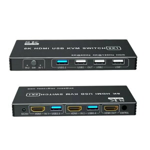 kvmスイッチ hdmi 8K USB3.0 スイッチャー HDMI切替器 2ポートHDMI2.1 HDCP2.2 Ultra HD 7680x4320@60Hz、3840x2160@120Hz 3D/HDRスプリンターUSB キーボード/マウス共有 USBメモリ/プリンター/外付けハードディス