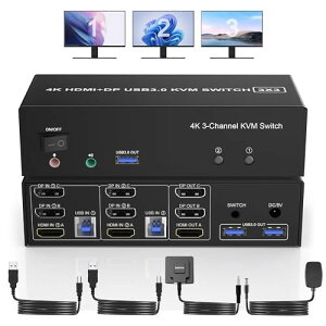 HDMI + 2 Displayport 3 j^ KVM XCb` USB 3.0 2 ̃Rs[^[A4K@60Hz gvj^[ KVM ؑ֊ I[fBI 3 USB 3.0 |[gA2 ̃Rs[^[L 3 j^[ L[{[h }