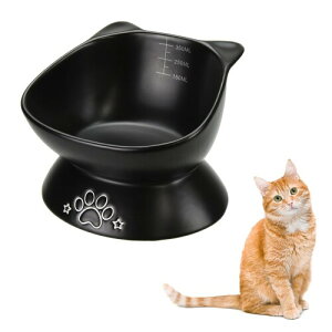 mofulafu 猫 フードボウル 陶器 餌皿 水飲み器 負担軽減 目盛り付き (1ボウル ブラック)