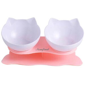 Newfind 猫 食器 フードボウル 餌入れ 傾斜角度15° 2ボウル ペット フードスタンド 小型犬 食べやすい 脊椎に良い 分離式 給餌器 フード保存器 (ホワイト色+ピンク台)