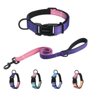 PUKAKO 犬首輪 リード セット 犬用首輪 犬用リード 小型犬 中型犬 大型犬 調節可能 夜間反射 おしゃれ メッシュ 通気性 柔らかいパッド ソフト (パープル,S)