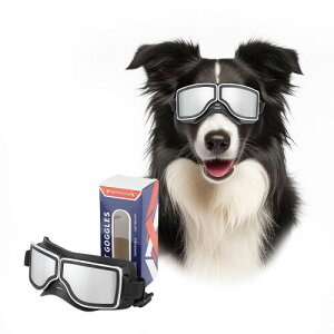 PETLESO 中型犬用ゴーグル、紫外線対策、防塵、防風、サイズ調整可能犬用サングラス、アウトドアサイクリング用ゴーグル、シルバーレンス、黒いフレーム
