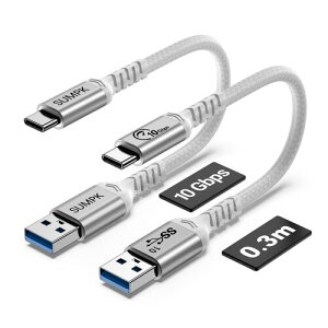 SUMPK 30cm USB C�P�[�u��(2�{) �A10Gbps�f�[�^���� USB A to Type C�P�[�u���A�Z��USB C�[�d�P�[�u���AAndroid Auto�ACarPlay�ASamsung Galaxy�AiPad�AiPhone 16/15�Ή��A�z���C�g