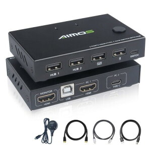 AIMOS KVM�ؑ֊� 2����1�o�� �f�X�N�g�b�v�{���b�v�g�b�v KVM�X�C�b�` 4K@30Hz 2PC�̃L�[�{�[�h�A�}�E�X�ƃ��j�^�[�����L����