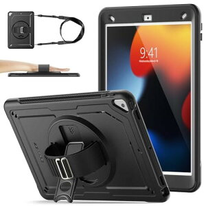 SEYMAC stock iPad 10.2インチ 第9世代/第8世代/第7世代専用ケース 耐衝撃 Gフック式ハンドストラップ 360°回転スタンド ペン収納 ショルダーストラップ フィルム付き前面フレーム 全面保護カ