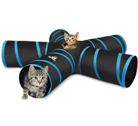キャットトンネル Pawaboo 猫用 5道猫トンネル スパイラル 25*53cm キャットトンネル 1穴付き 折りたたみ式 猫遊宅おもちゃ Black & Light Blue