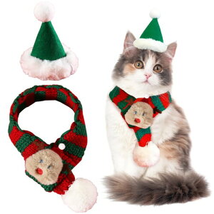 CANPLUS 2点セット クリスマス 犬 猫 帽子 マフラー 猫の服 犬服 小型犬 防寒 保温 サンタ 秋冬服 可愛い ペット用品 仮装 コスチューム プレゼント ギフト (グリーン, S)