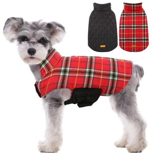 Kuoser犬服 冬用コート 防寒コート ジャケット 保温 防雪 防風 両面着 背中開き チェック柄 ブリティッシュスタイル 小型犬適用 着脱簡単 軽量 暖かい 綿素材 快適 赤XS(SS)