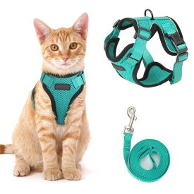 猫 ハーネス リード セット 猫用ハーネス 猫 リード サイズ調節可 夜反射 通気メッシュ 猫 散歩 紐 ひも はーねす りーど M (レイクブルー, M)