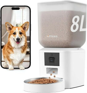 Nityers 自動給餌器 猫犬対応 カメラ付き 8L自動餌やり器 1080P 暗視機能 2.4G 5G WiFi対応 アプリ操作 双方向会話 タイマー機能 定時定量 1日15食 1食1-99分量設定可能 2WAY給電 手動給餌可 水洗い