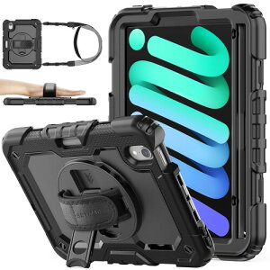 SEYMAC stock iPad mini 7/mini 6��p�P�[�X �ϏՌ� �y���z���_�[ �t�B�����t���O�ʃJ�o�[ ���u���c�u���X�^���h 360�x��]�n���h�X�g���b�v ���|���V�����_�[�X�g���b�v�t��mini A17 Pro�i�u���b�N