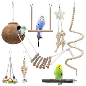 インコ おもちゃ 7点セット 天然木 鳥のおもちゃ 止まり木 かじり木 ブランコ 吊り下げ 噛む玩具 ココナッツ ハウス バードトイ セキセイインコ 遊び場 ストレス解消