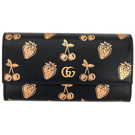 グッチ 財布 456116-1170 GUCCI ファスナー長札 長財布 GGマーモント メタリック ストロベリー&チェリー プリント カーフ ブラック アウトレット 新品