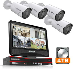 2024年版【500万画素・双方向通話・カラー暗視・4TB大容量・10インチモニター】SOOHAO 防犯カメラ poe給電 有線 監視カメラ 4台セット モニター付き H.265・ 録音・録画・暗視・IP66防水・遠隔監視