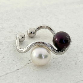 SV925 イヤーカフ 二見結ひ 淡水真珠 ホワイト＆ブラック 各5mm 夫婦岩モチーフ ピアスホール不要 COMISEオリジナル 伊勢志摩 縁結び
