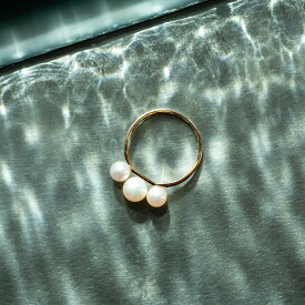 K10 【Emi】3粒あこや真珠 パールリング GEKKOU 月モチーフ ダイヤ付き 日本製 伊勢志摩産 アコヤパール 指輪 レディース ギフト プレゼント