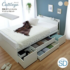 チェストベッドフレーム 薄型マットレスセット セミダブル 収納 コンセント 棚 木製ベッド ベット Cattleya キャスター付 引き出し 大容量収納 おしゃれ モダン 北欧 セミダブルベッド 宮棚 本棚 ポケットコイルマットレス付き