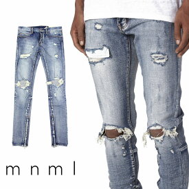 mnml ミニマル M1 STRETCH DENIM BLUE クラッシュ ダメージジーンズ ダメージ デニムパンツ ストレッチ デニム スキニー スキニージーンズ ジーンズ メンズ ジップ付 サイドジッパー サイド ジッパー 裾ジップ ZIP インポート ブランド ストリート ファッション ★Re